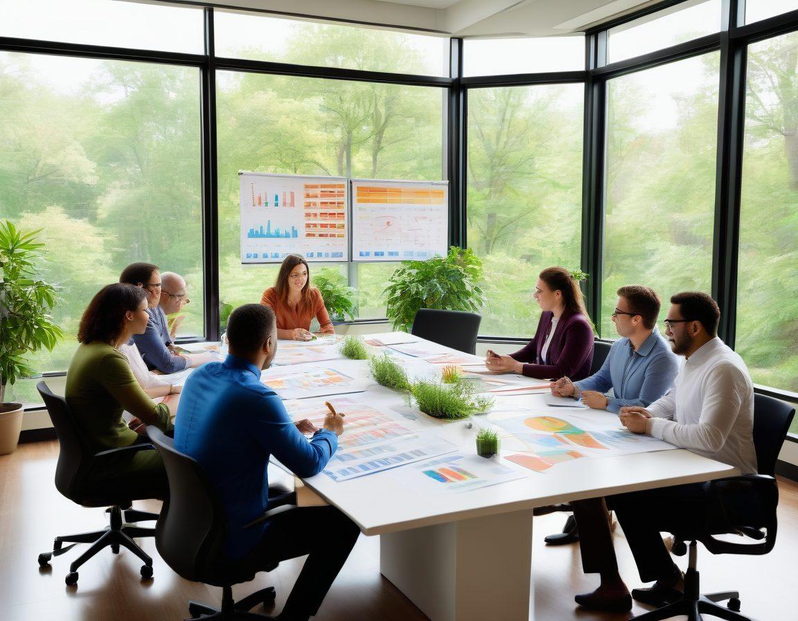 A diverse group of people discussing tailored insurance coverage options around a large table filled with colorful charts and graphs. Each person represents different demographics and budgets, showcasing a collaborative environment with a focus on accessibility and personalization in insurance. The background features a bright office setting with plants and windows, creating an inviting atmosphere. super-realistic. vibrant colors. bright office environment.