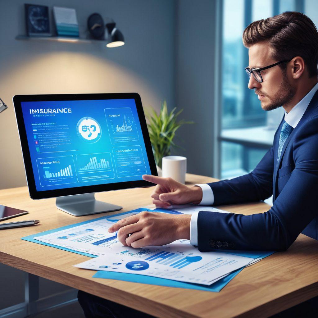 A visually engaging scene depicting a thoughtful person analyzing insurance options on a digital tablet, surrounded by floating infographics highlighting affordable insurance strategies. Include elements like a piggy bank, a shield, and dollar bills to symbolize protection and savings. The background should be a calming blue gradient to evoke trust and security. super-realistic. vibrant colors.