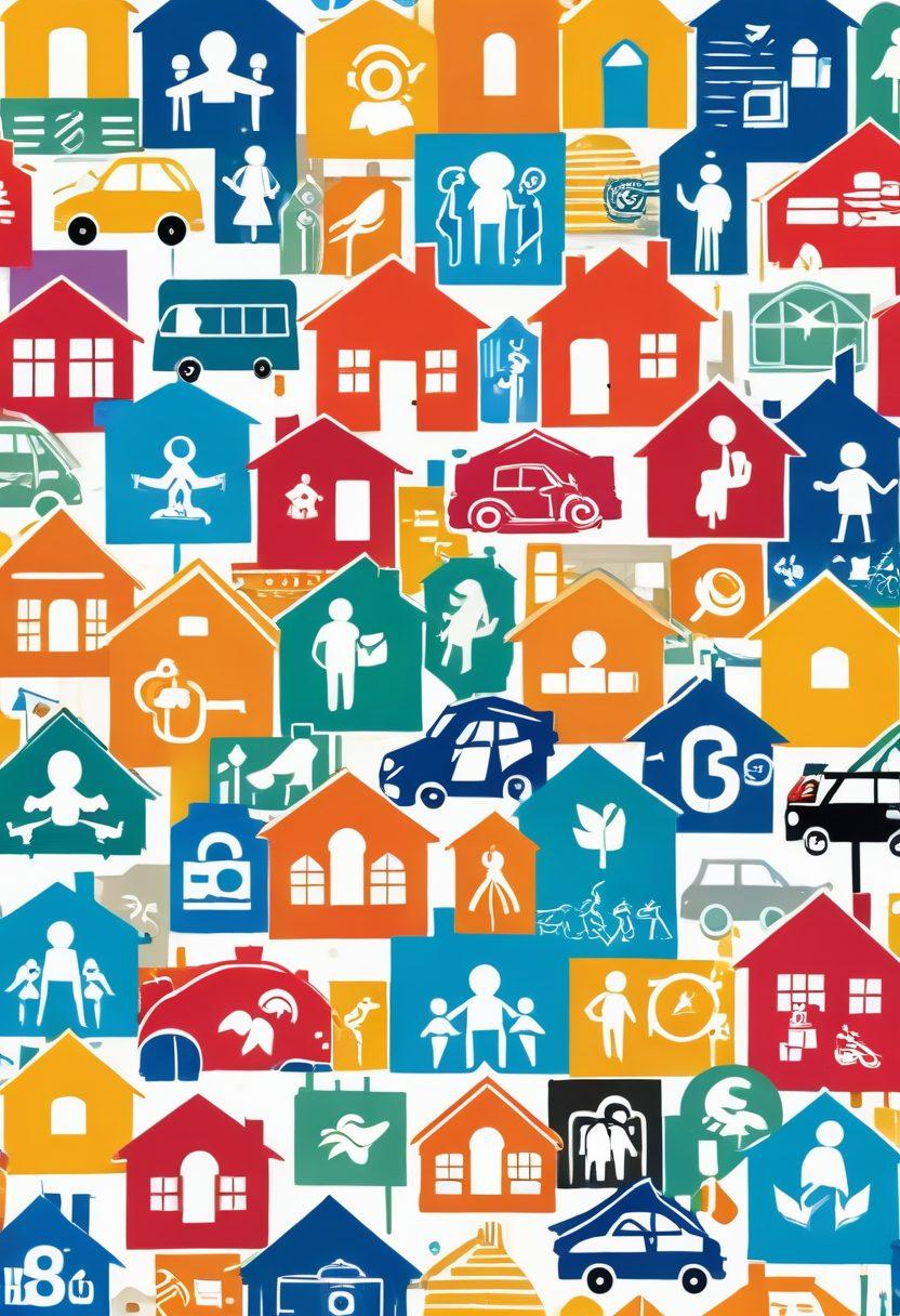 A collage showcasing a diverse group of individuals, each surrounded by various symbols of affordable insurance solutions, such as house, car, and health icons. The scene should radiate positivity and security, with vibrant colors and an inviting atmosphere. Include elements like checkmarks and dollar signs to emphasize affordability. Incorporate a blend of modern and friendly design styles. super-realistic. vibrant colors.